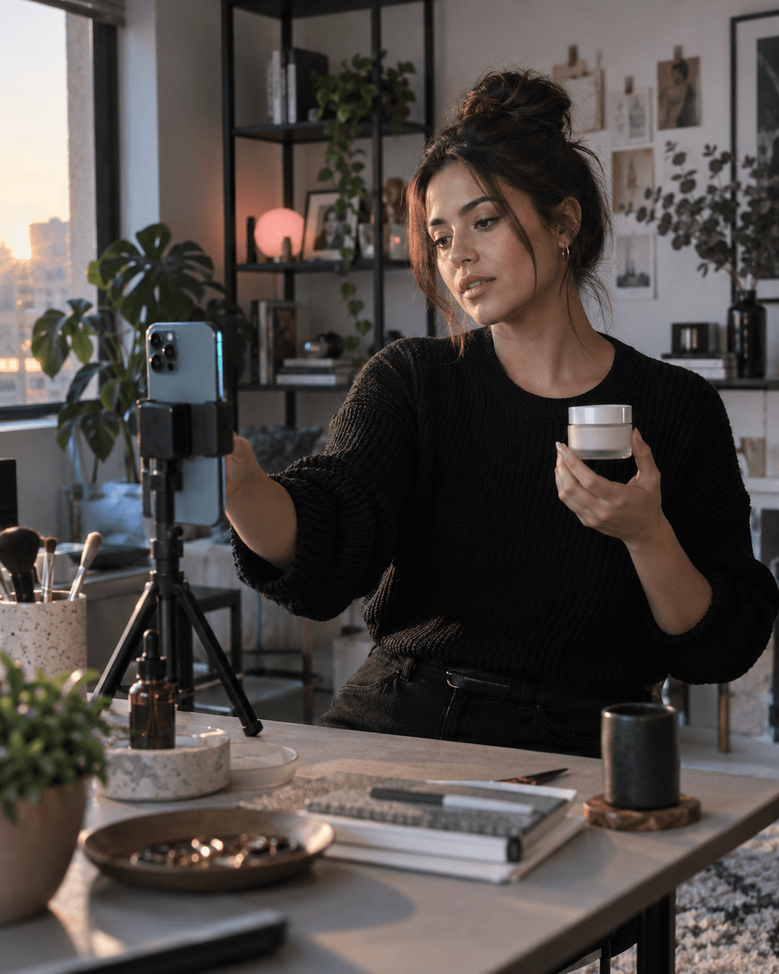 Créatrice filmant la démonstration d'un produit de soin avec son téléphone sur trépied