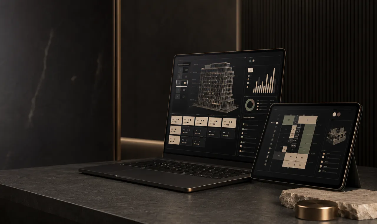 Interface immobilière sombre affichée sur un ordinateur et une tablette